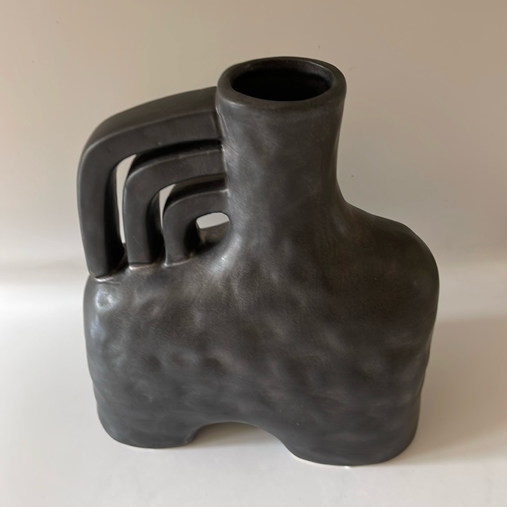 Unique Triple Handle Arch Ceramic Planter Vase, Black - Picture 3 of 10